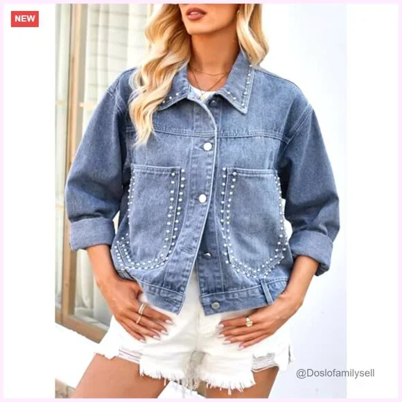 Oversized Studded Denim Jacket, Loose Fit with Pockets, Casual Wear